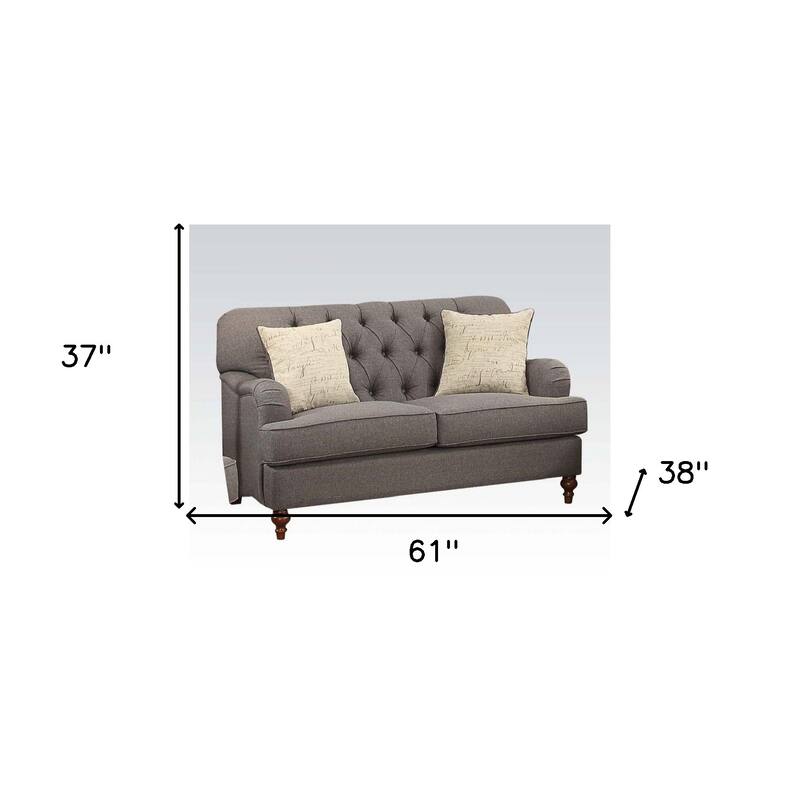 HomeRoots 61" Dark Gray And Brown Linen Curved Loveseat and Toss Pillows