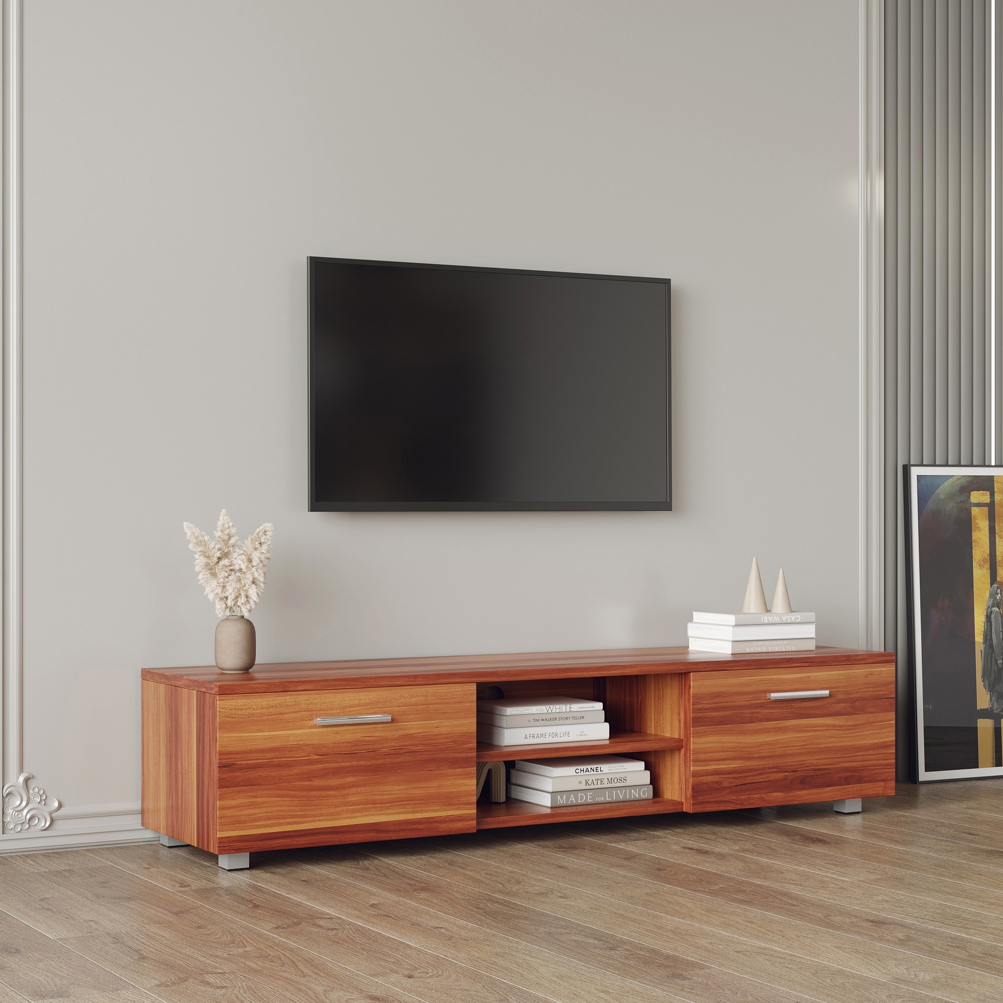 63 Modern Style TV Stand, Wood TV Cabinet with Doors, Media Entertainment  Center with Drawers, TV Console Storage Cabinet with Shelves for Small