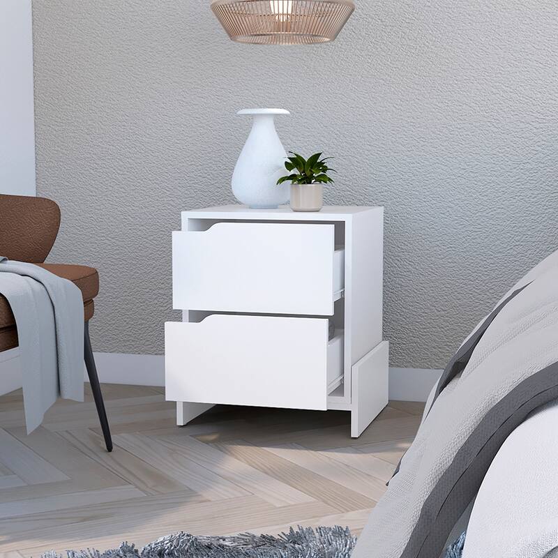 Nightstand Brookland, Bedside Table with Double Drawers and Sturdy Base - White