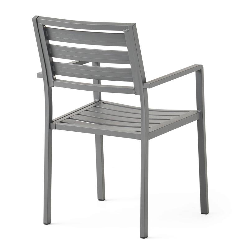 Roomfitters Modern Outdoor Aluminum Slat Back Dining Chairs, Rust Resistant Frame, Gun Metal Gray, Set of 2