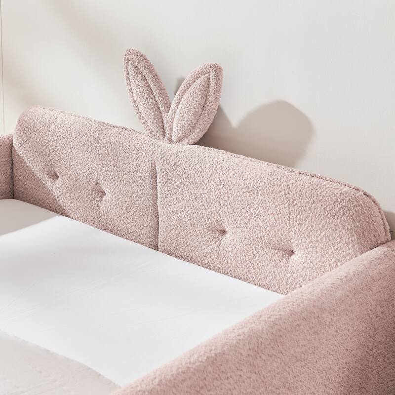 Full Size Upholstered Platform Bed with Bunny Ear Headboard, Safety Rail & Pocket
