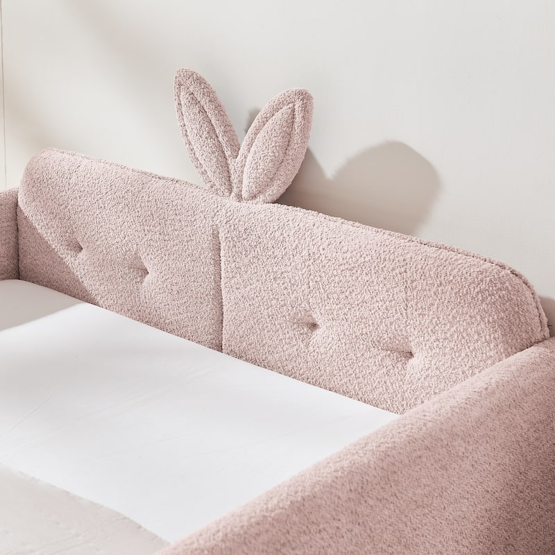 Upholstered Platform Bed with Safety Rail Pocket and RabbitEar Platform Bed w/Skin-friendly Boucle Wood Slat Support Bed Frame