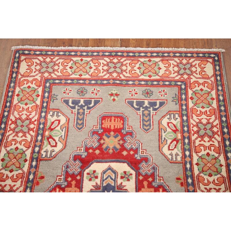 Geometric Kazak Rug Hand-Knotted Grey Wool Carpet - 3'3"x 4'10"