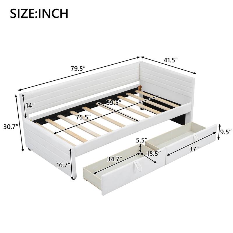 Twin Size Upholstered Daybed with Roll-Out Trundle, Space-Saving Wooden Frame, No Box Spring Needed