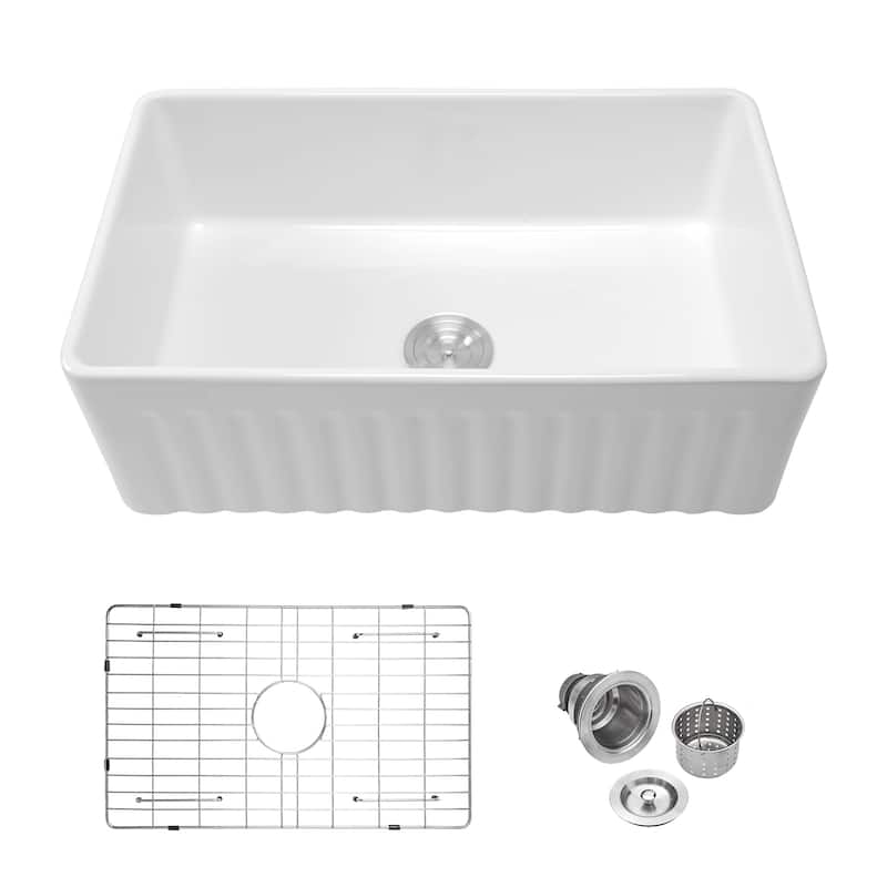 Kichae 33 Inch Ceramic Sink Undermount Farmhouse Apron Front White Kitchen Sink - 33 in.W x 18 in.D x 10 in.H - White - 33 in.W x 18 in.D x 10 in.H