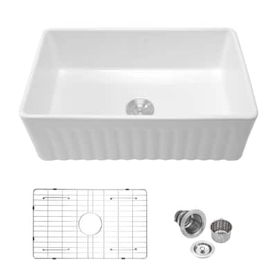 Kichae 33 Inch Ceramic Sink Undermount Farmhouse Apron Front White Kitchen Sink - 33 in.W x 18 in.D x 10 in.H