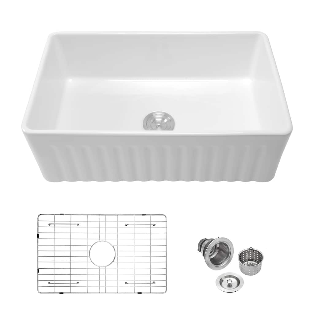 Kichae 33 Inch Ceramic Sink Undermount Farmhouse Apron Front White Kitchen Sink - 33 in.W x 18 in.D x 10 in.H