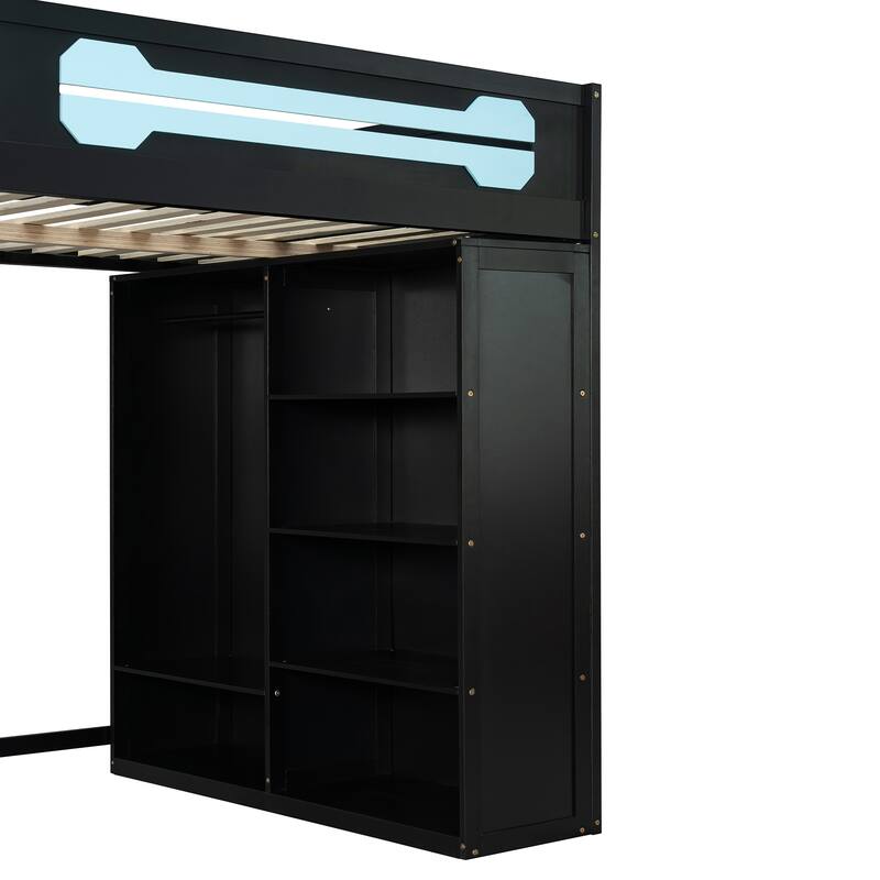 Full Size Wood Loft Bed with Desk, Open Wardrobe and RGB Light