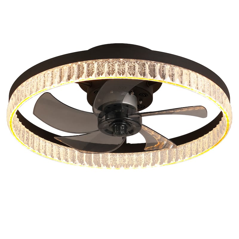 Crystal Ring Design Ceiling Fan with LED Light, 20" Flush Mount Ceiling Fan Fandelier with Remote Control, 6 Speeds
