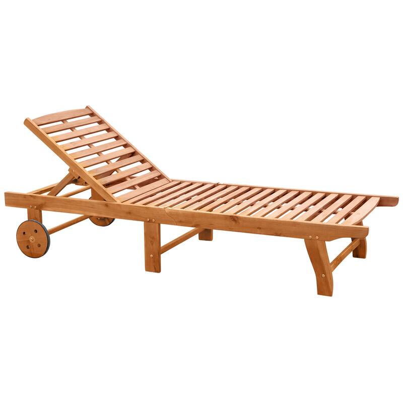 Outdoor Folding Chaise Lounge, Patio Recliners with Wheels & Acacia Wood Frame - Teak Color