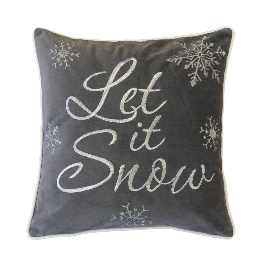 Let It Snow Embroidered Cotton Throw Pillow - 20x20" Gray Winter Accent Cushion with Insert