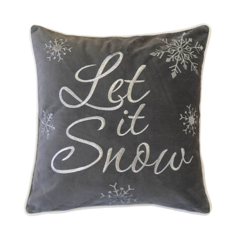 Let It Snow Embroidered Cotton Throw Pillow - 20x20" Gray Winter Accent Cushion with Insert - Gray