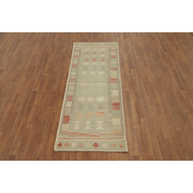 Hand Woven Oriental 100% Wool Carpet Southwestern Tribal Green Kilim Runner Rug - 7' 7'' X 2' 8''
