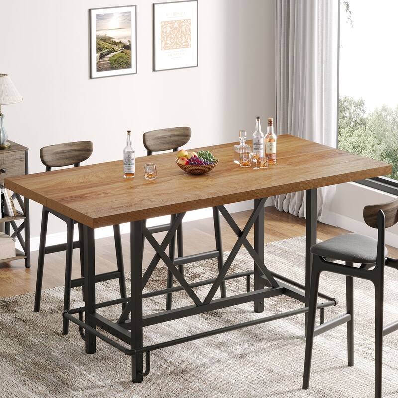 6-People Counter Bar Height Pub Table withe Footrest, Tall Bar Table with Thicken Wood Tabletop and Metal Frame for Home/Kitchen