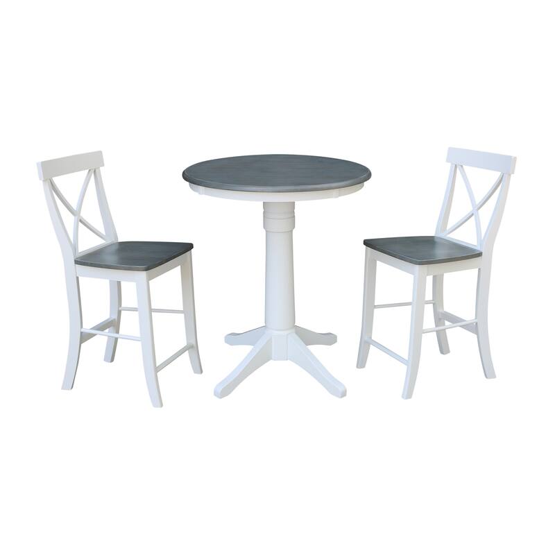 30" Round Pedestal Gathering Height Table with 2 X-Back Counter Height Stools