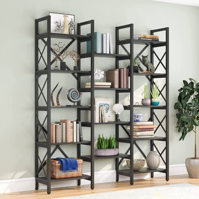 Large Triple Wide 5-Shelf Etagere Bookcase - Black-59"