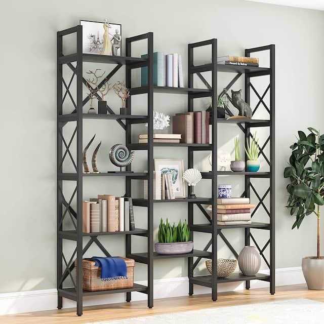 Large Triple Wide 5-Shelf Etagere Bookcase - all black