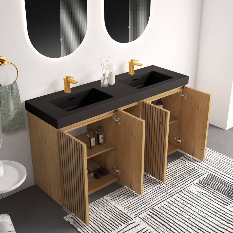 GDFStudio - Galan 60" Freestanding Bathroom Vanity with Quartz Sink, Solf Close Doors, Open Storage Shelf, NO Drain & Faucet