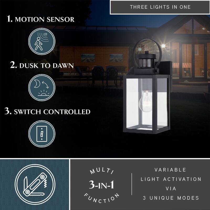Medinah Motion Sensor Dusk to Dawn Outdoor Wall Light Clear Glass - 5-in. W x 13.25-in. H x 6.5-in. D