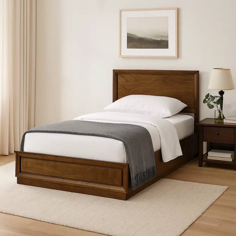 Rouk Twin Size Bed w Panel Headboard, Walnut Brown Okume Veneer