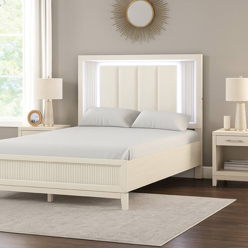 Toi Queen Bed, LED Headboard w Tufted Upholstery, Fluted Antique White