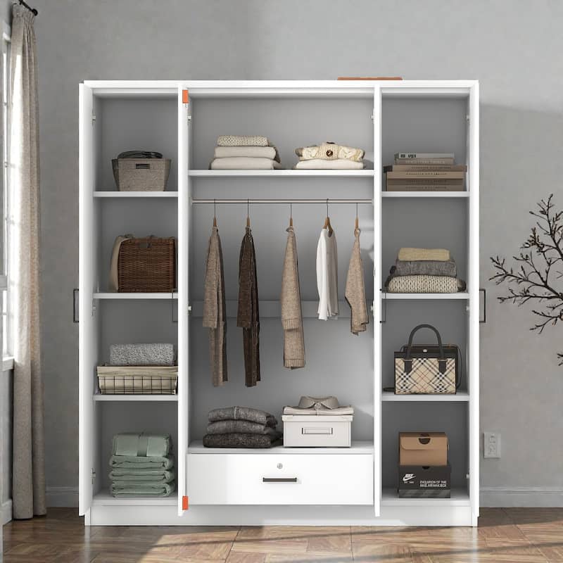 4 Door Wardrobe Closet with Drawer and Hanging Rail, Modern MDF Bedroom Armoire Storage Cabinet