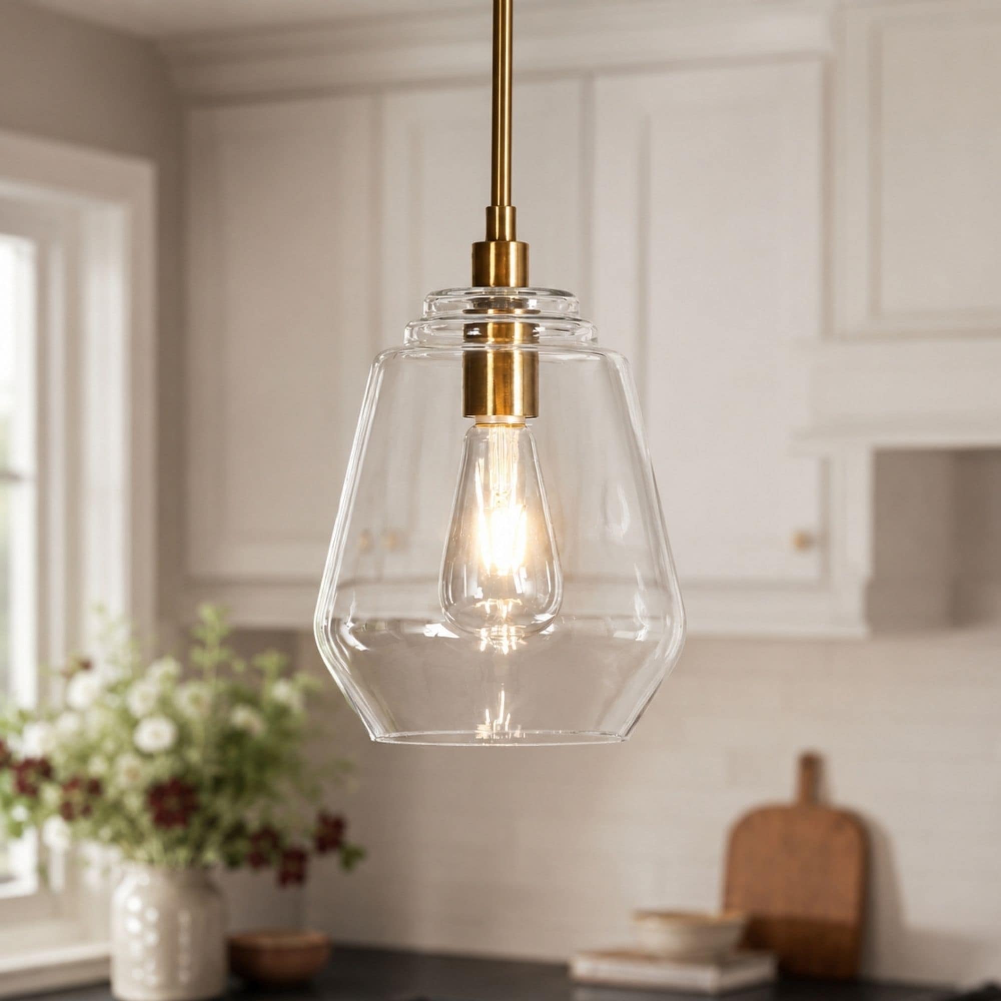 Velus Mid-century Modern Gold 1-Light Cylinder Clear Glass Single Pendant Kitchen Island Lights - D 8'' x H 11''