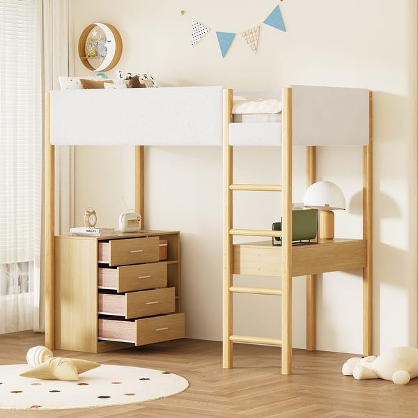 slide 2 of 27, Kid's Bed Twin Size Platform Loft Bed with 4 Storage Drawers and Desk White+Natural