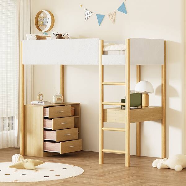 slide 2 of 110, Kids Loft Bed Elegance Teddy Fleece Loft Bed with Full Length Guardrail, Storage Shelf, 4 Drawers, and Convertible Desk Natural - Twin