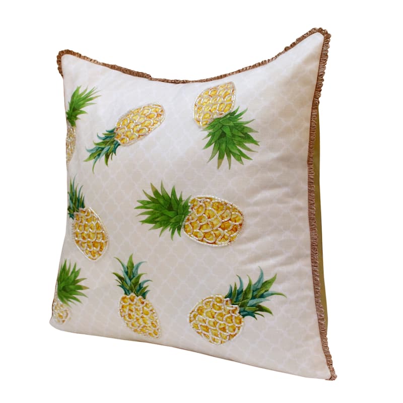 Sevita Hand-Woven Yellow/Green Tropical Pineapple Polyester Throw Pillow, 20" x 20"