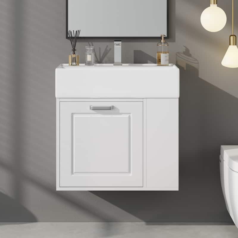 21.8" Floating Bathroom Vanity Cabinet with Ceramic Sink & Toilet Paper Holder for Small Space