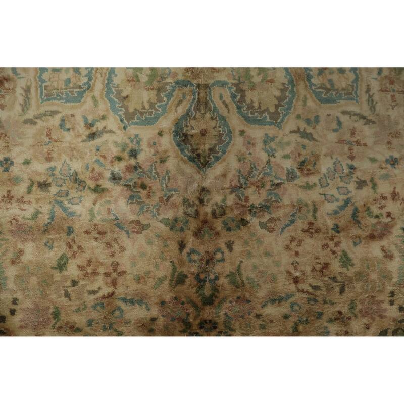 Hand Knotted Oriental Silk Carpet Traditional Floral Beige & Ivories Kashmir Area Rug - 7' 4'' X 6' 11''