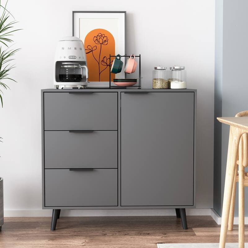 Kitchen Buffet Cabinet with Solid Wood Legs, Coffee Bar Cabinet with 3 Drawers, Storage Cabinet with Adjustable Shelf - Gray