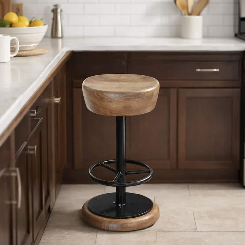 Rustic Charm Swivel Counter Bar Stool 24 Inch Handcrafted, Brown Mango Wood Round Seat, Black Iron Base with Footrest