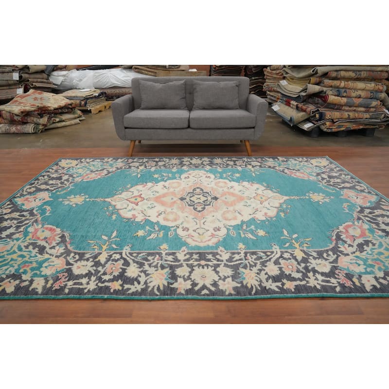 Hand Knotted Oriental 100% Wool Carpet Transitional Floral Navy Blue & Blues Oushak Area Rug - 10' 0'' X 6' 11''