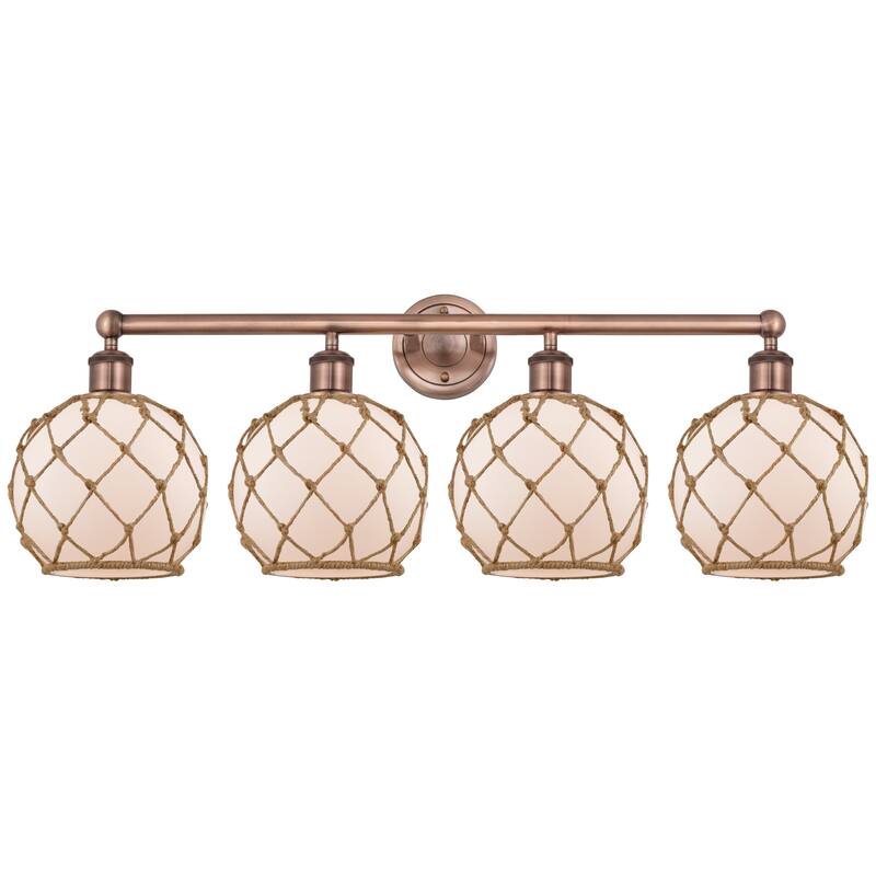 Innovations Lighting Endless Possibilities Edison - Farmhouse Rope - 4 Light 35" Bath Vanity Light - White Glass with Brown Rope/Antique Copper