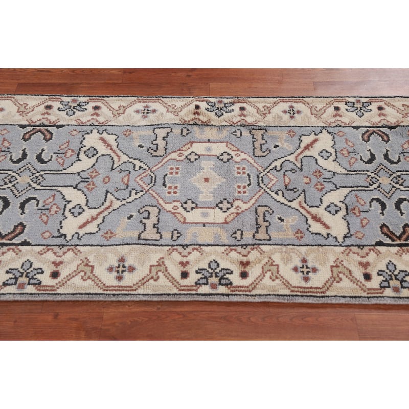 Blue Oushak Oriental Runner Rug Handmade Floral Wool Carpet - 2'7"x 8'0"