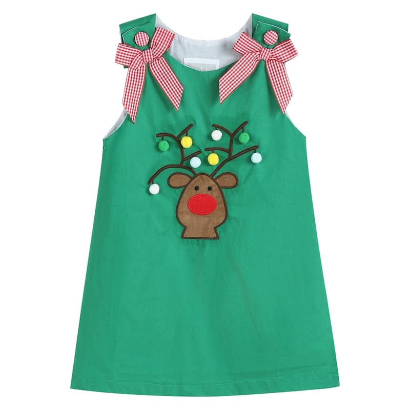 Lil Cactus Green Swing Dress with Pompom Reindeer