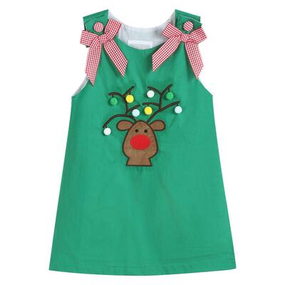 Lil Cactus Green Swing Dress with Pompom Reindeer