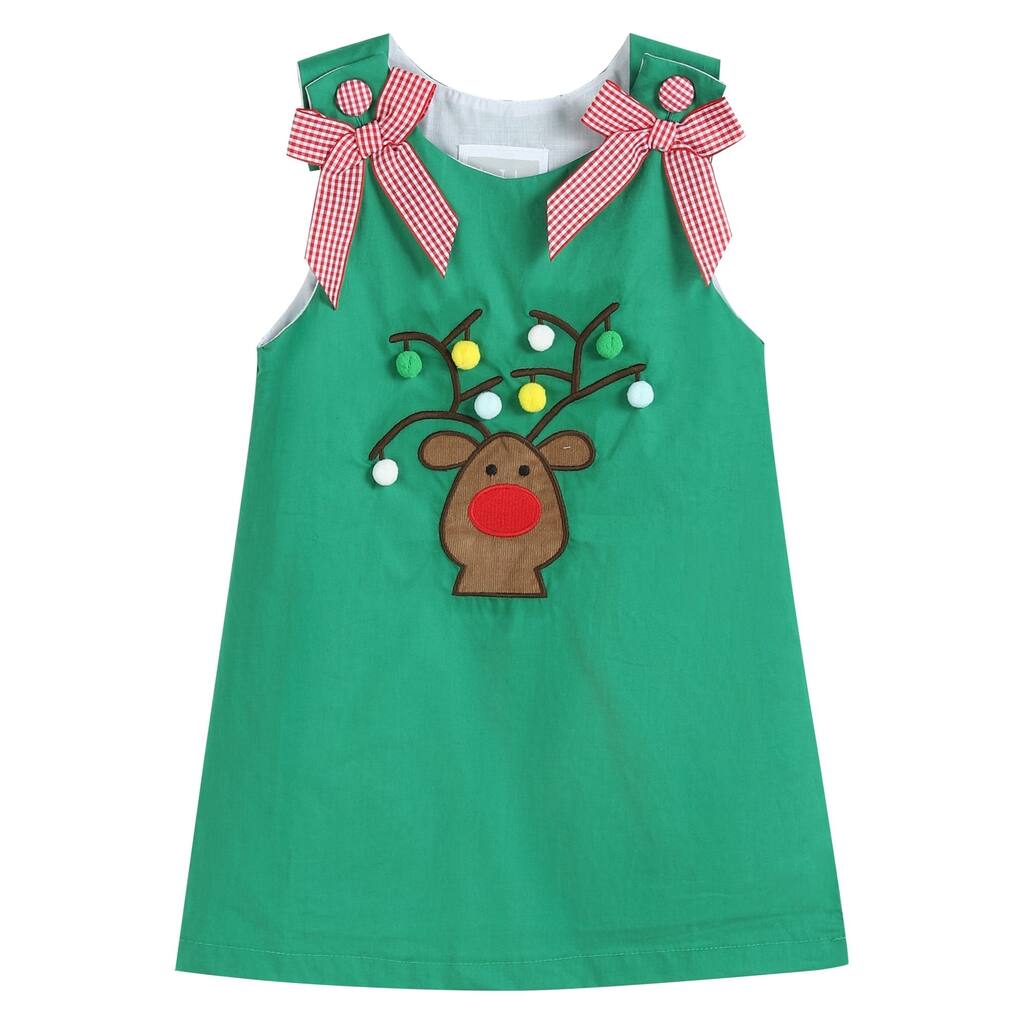 Lil Cactus Green Swing Dress with Pompom Reindeer