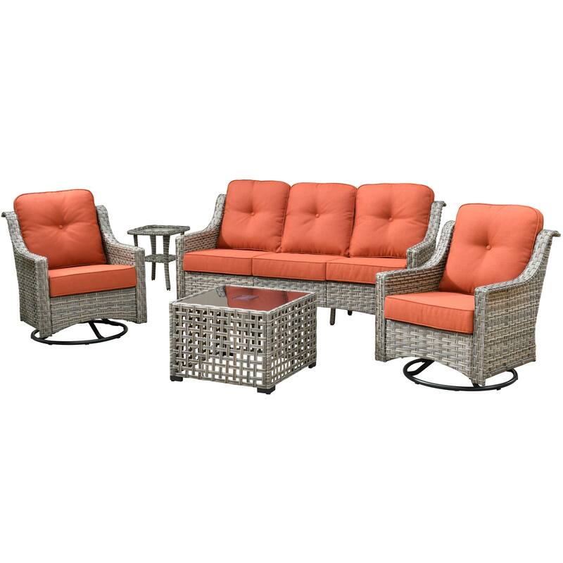HOOOWOOO 5-piece Rattan Wicker Outdoor Conversation Set with Swivel Chair and Coffee Table