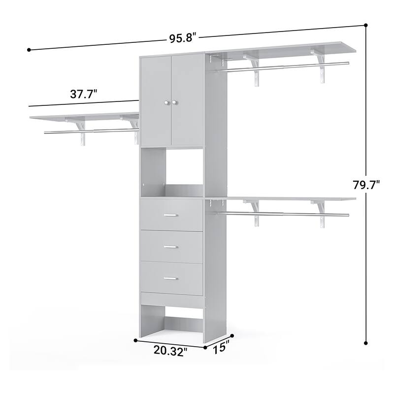 20''-96'' Wide Wooden Closet Organizer With Doors, Adjustable Closet System with Drawers and Hanging Rods