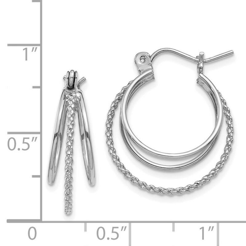 Curata 14k White Gold 8x19mm Polished and Textured Circle Triple Hoop Earrings