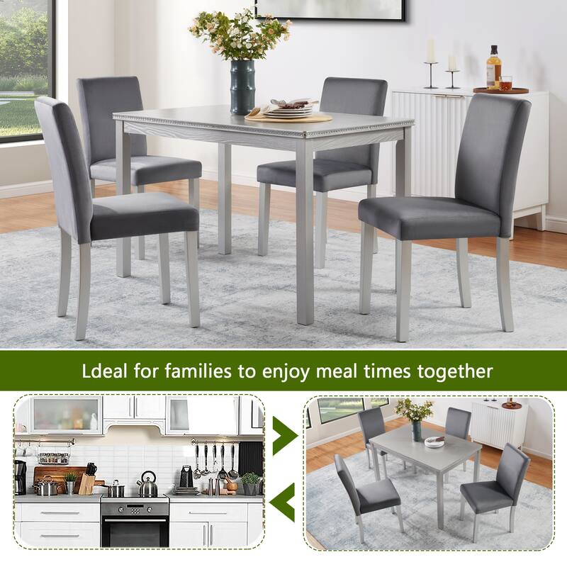 5 Piece Wooden Dining Table Set, Table Set with a Rectangular Table and 4 Upholstered Chairs, Table with Crystal Decoration