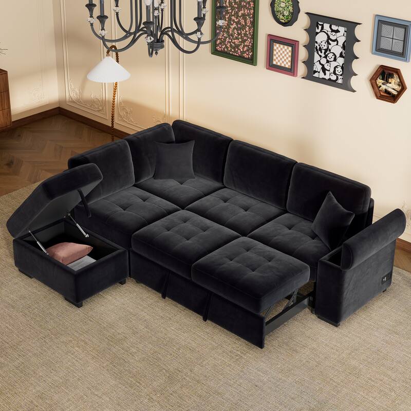 87.4 in. L-Shape Velvet Sleeper Sectional Sofa in. 5-Seat Sofa Bed with 2-USB, Storage Ottoman and Hidden Storage Arm