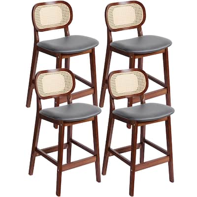 Wood Upholstered Counter Height Bar Stools with Rattan Back - 36.81"H x 17.72"W x 18.7"D