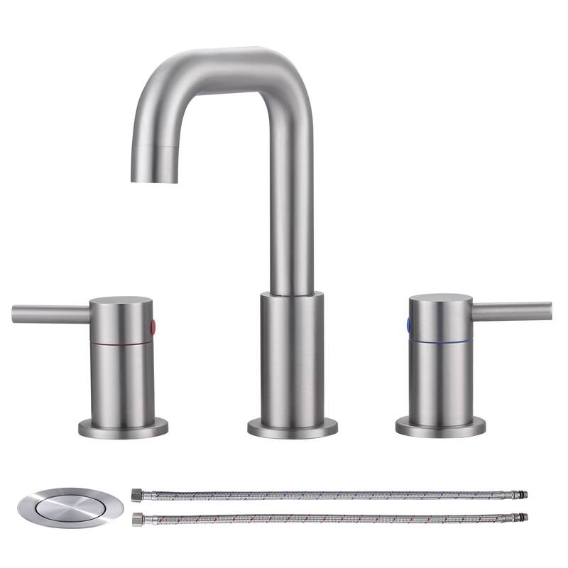 WOWOW 8 in. Widespread Double Handle Bathroom Faucet with Pop-Up Drain - Brushed Nickel