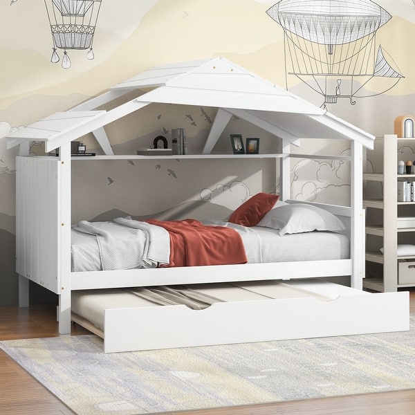 slide 2 of 18, White Twin Size Solid Wood House Bed with Trundle and Storage for Kids Twin - White