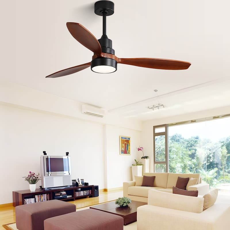 52" Farmhouse Style Wood Walnut Ceiling Fan With Lights and Remote Control, Dimmable LED Optional