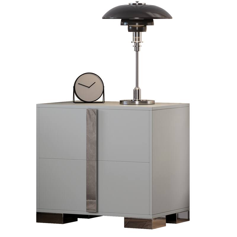 Modern End Table with Drawers, Elegant Nightstand with Metal Foot,Wood Bedside Table with Mirrored Metal Handles